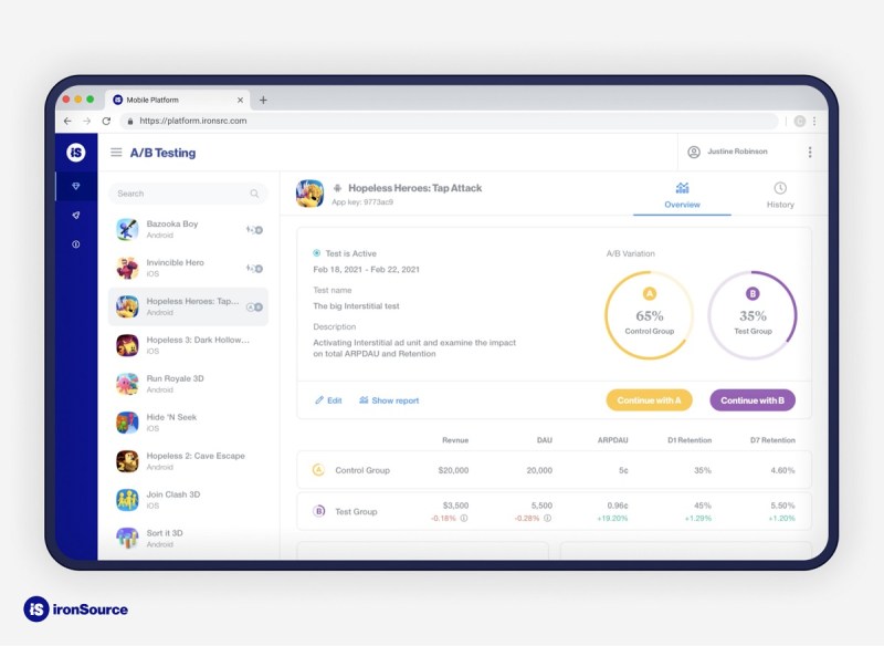 IronSource's Sonic platform for A/B testing.