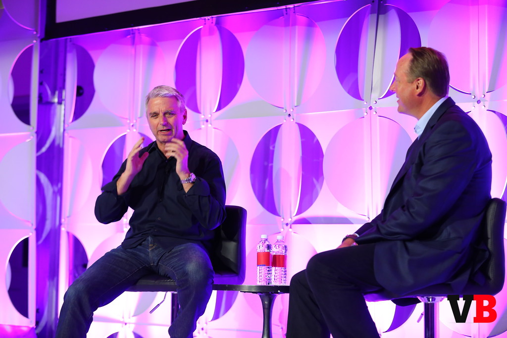 John Riccitiello of Unity Technologies on stage with the ESA chief Mike Gallagher at GamesBeat Summit 2016.