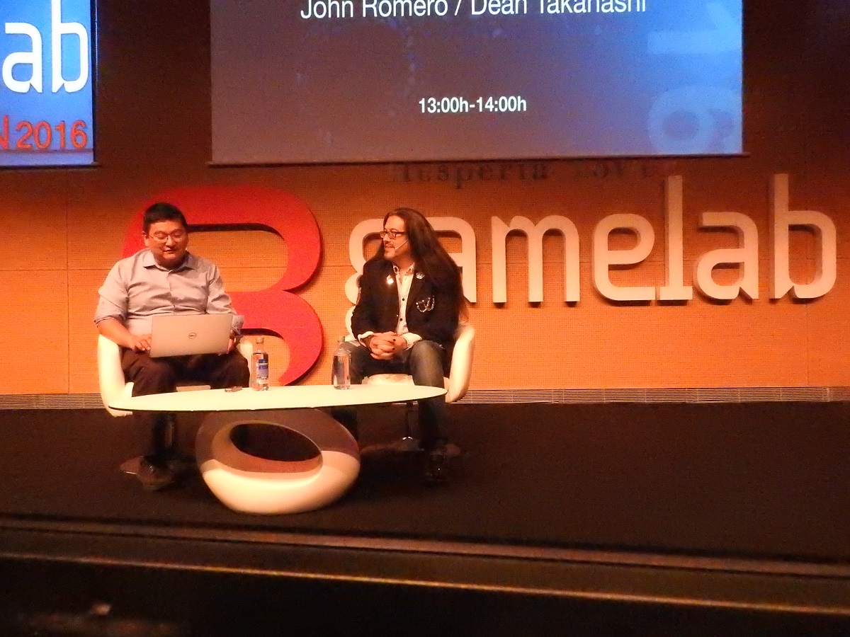 Dean Takahashi (left) of GamesBeat with John Romero at Gamelab 2016.