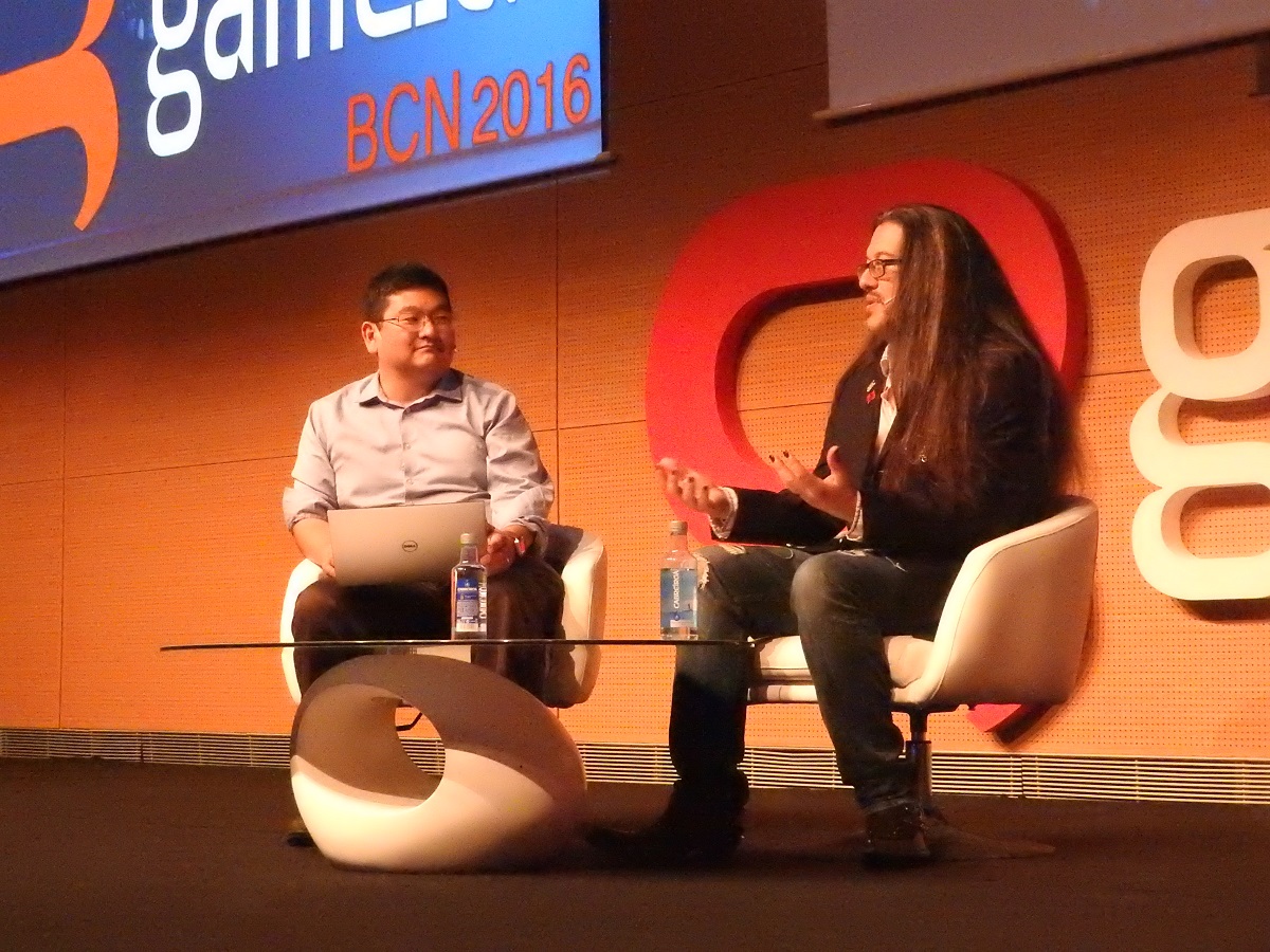 Dean Takahashi (left) of GamesBeat with John Romero at Gamelab 2016.