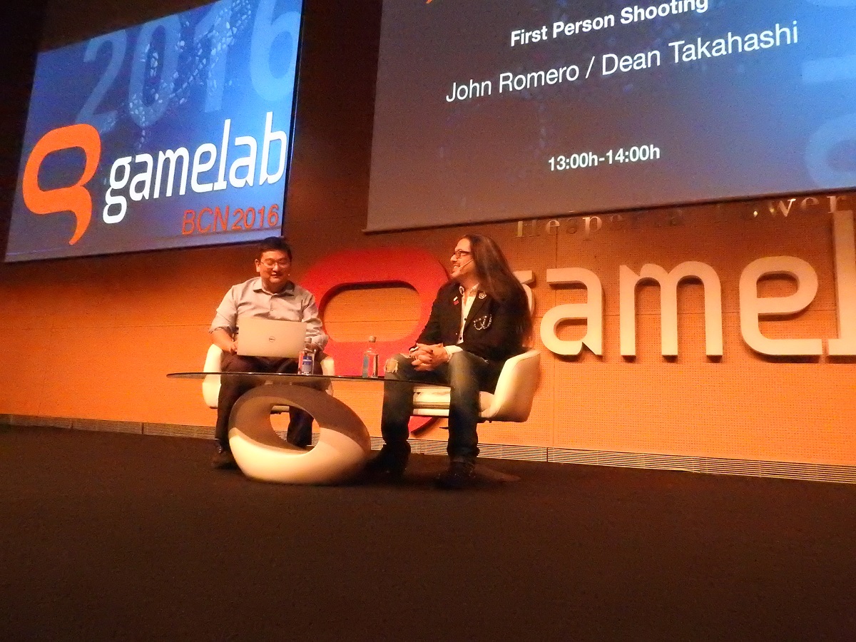 Dean Takahashi (left) of GamesBeat with John Romero at Gamelab 2016.