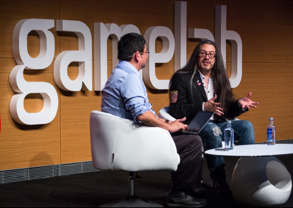 Dean Takahashi (left) of GamesBeat with John Romero at Gamelab 2016.