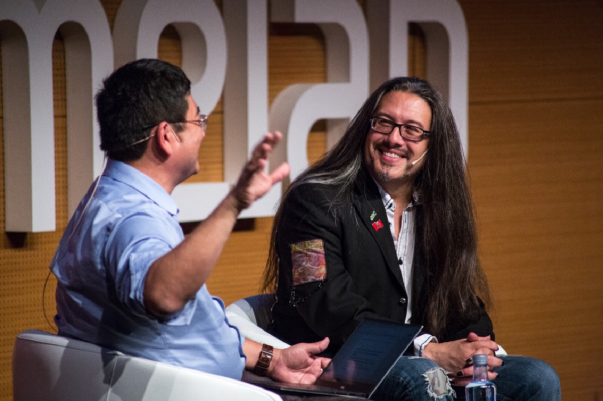 Dean Takahashi (left) of GamesBeat with John Romero at Gamelab 2016.