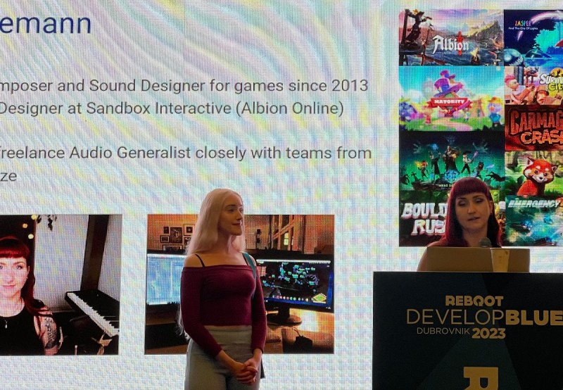 Julie Elven (left) and Marie Havemann speak at Reboot Develop Blue about game audio.
