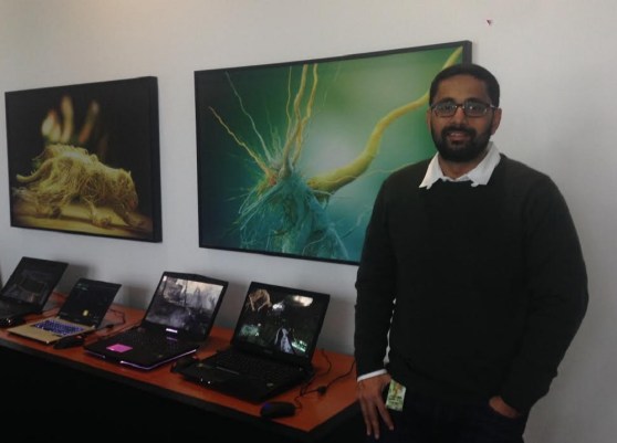 Kaustubh Sanghani of Nvidia with gamer laptops that use Nvidia m800 series chips.