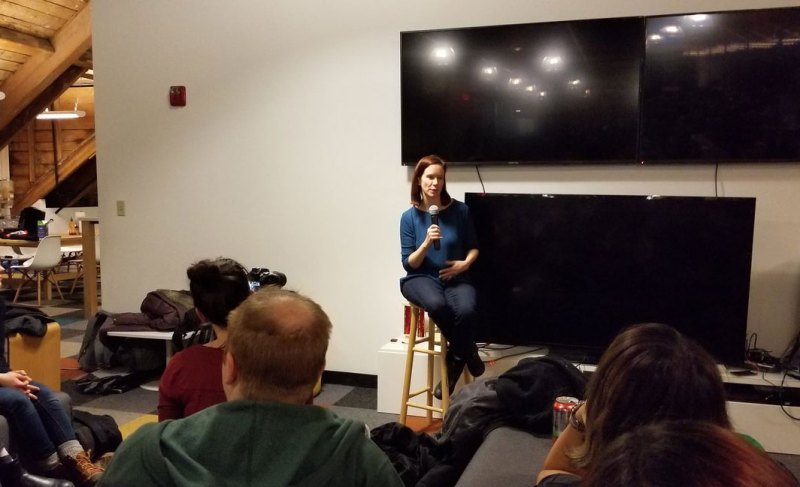 IGDA executive director Jen MacLean speaking at the IGDA Boston chapter.