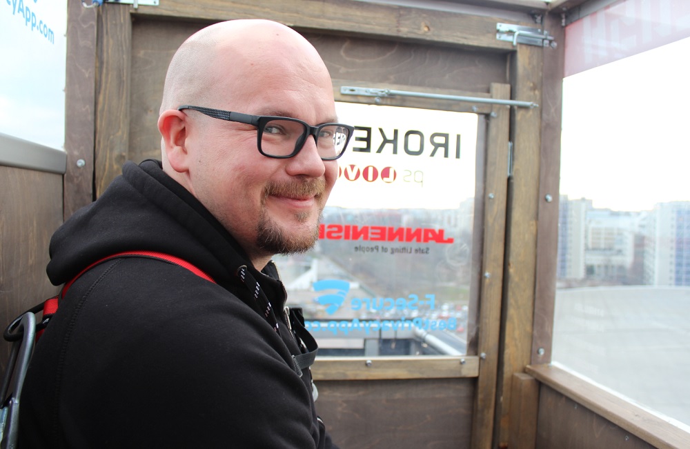 Matias Myllyrinne in a sauna, 300 feet above Helsinki.