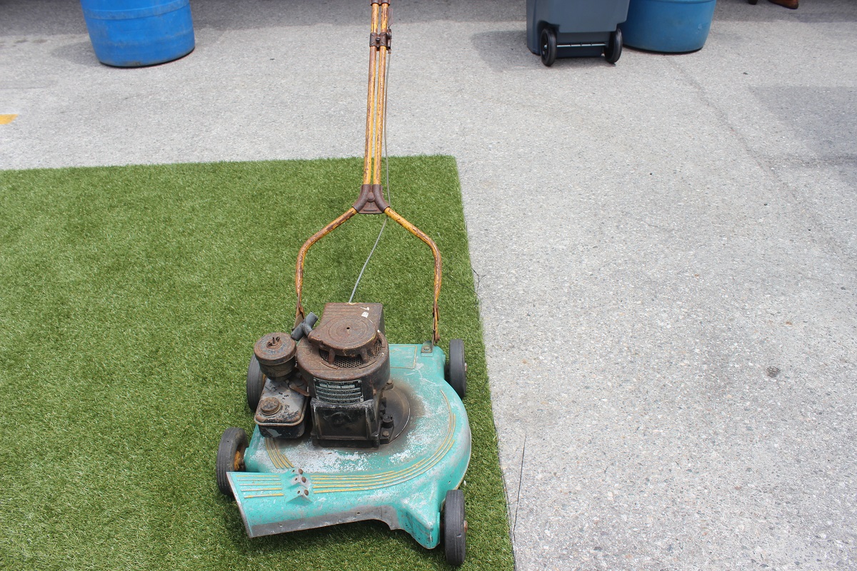 A lawnmower at the Devolver Digital booth outside of E3.