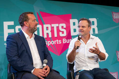 Darren Cox of Millennial Esports, and race car driver Rubens Barrichello at Esports BAR Miami.