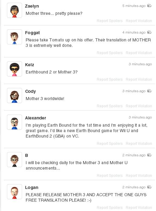 Gamers begging Nintendo for a new EarthBound/Mother game.