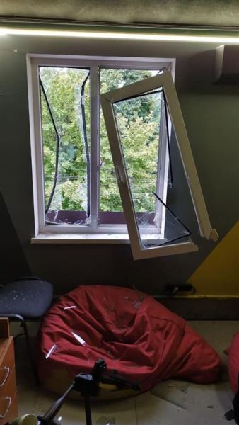 A broken window in Nordcurrent's office in Dnipro, Ukraine. It could have been a lot worse.