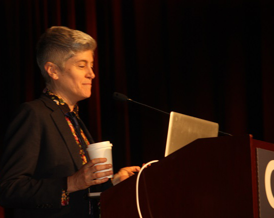 Associate Professor Colleen Macklin of Parsons: The New School delivers her talk at the #!ReasonToBe panel at the 2014 Game Developers Conference.