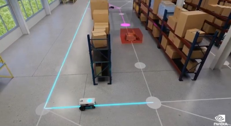 Robots in the Omniverse-based warehouse.