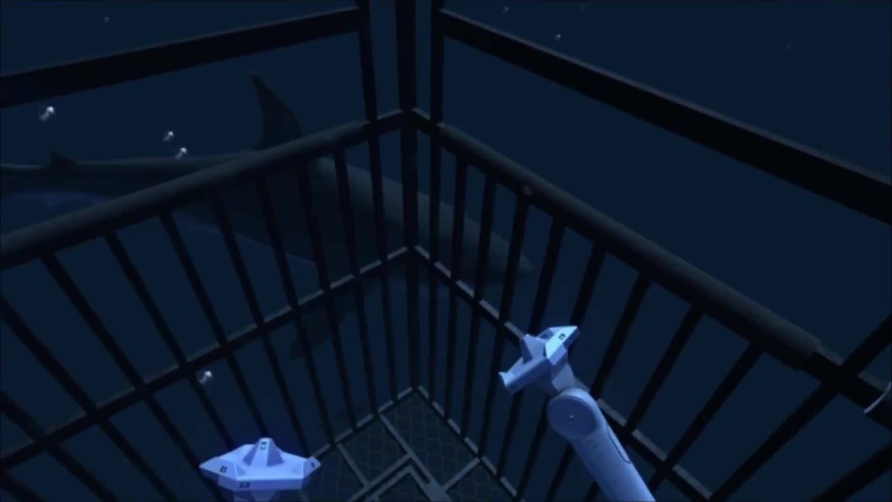 Inside the shark cage in Ocean Rift.