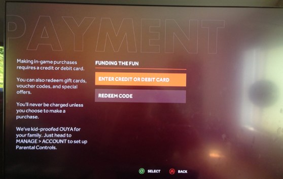 Ouya Payment Screen