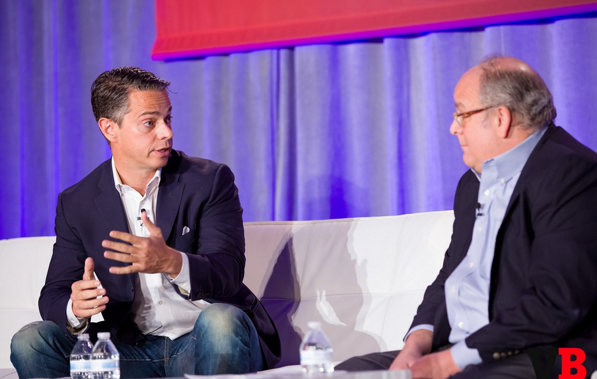 Mike Vorhaus (right) of Magid Advisors interviews Owen Mahoney of Nexon at GamesBeat 2015.
