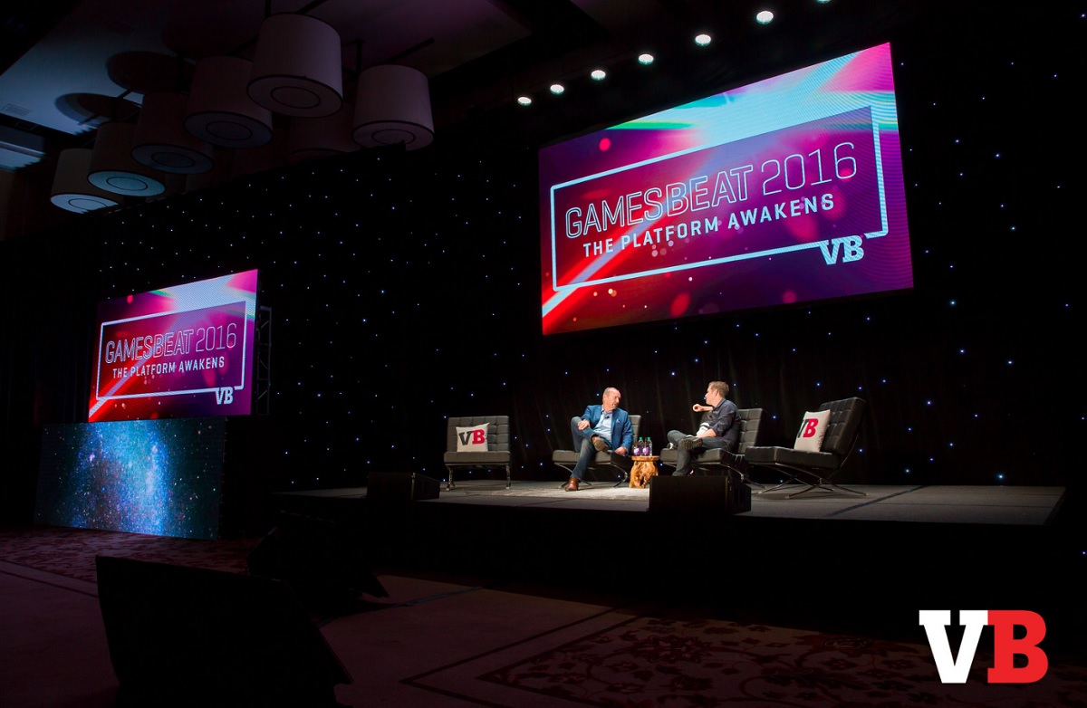 Peter Moore and Geoff Keighley on the big stage at GamesBeat 2016.