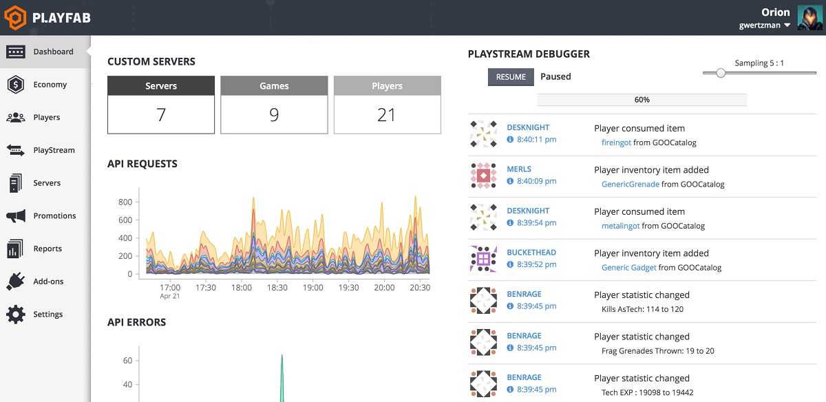 Playfab's analytics screen.