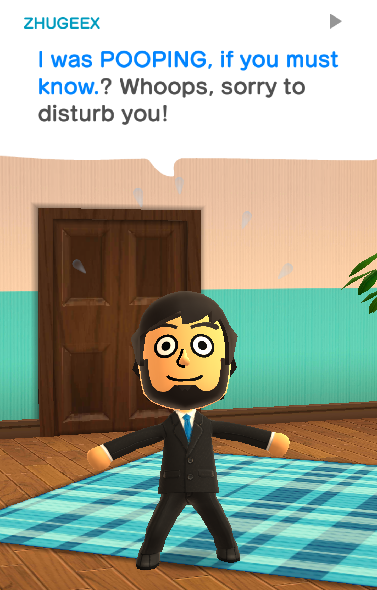 The blue text was what I wrote, and the black text is how the computer-controlled Mii responded to it.