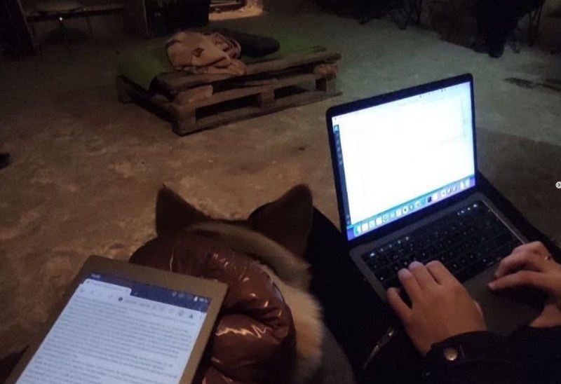 Pavel Izotov works on his laptop in a shelter in Cherkasy, Ukraine.