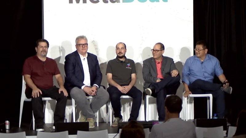 Metaverse standards panel at MetaBeat. Rev Lebaredian is far left, and Neil Trevett is next to him.