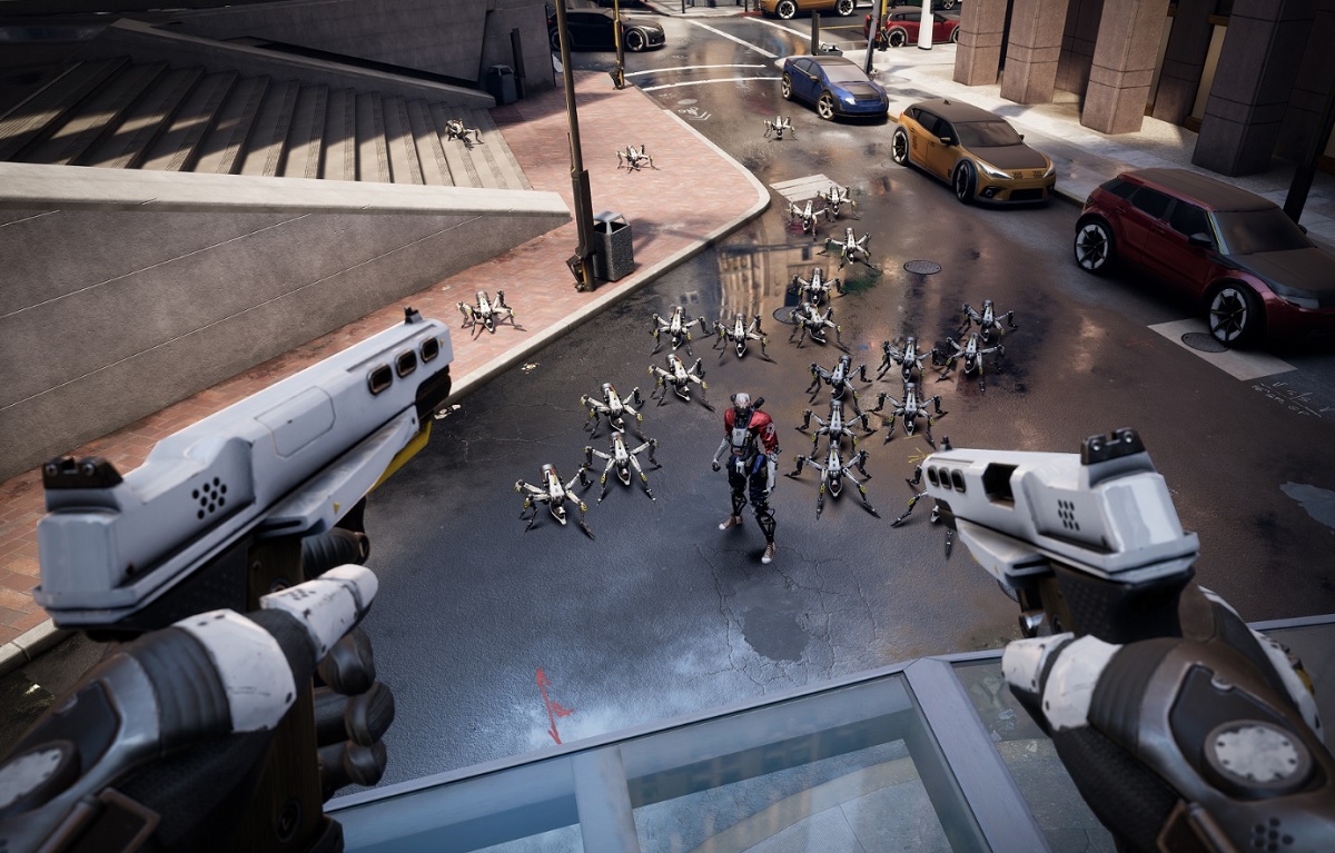 You can go to high points to avoid the robots in Robo Recall.