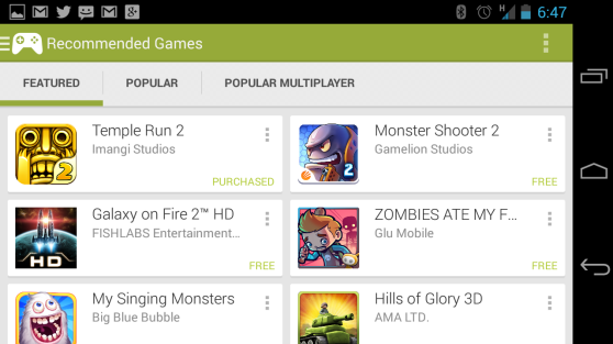 The featured games in Android's Google Play Games app.