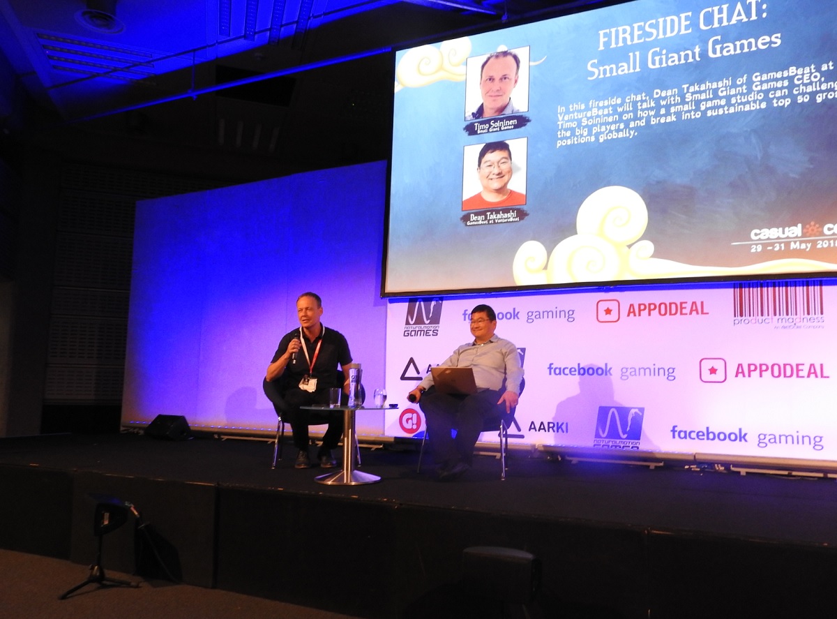 Timo Soininen (left) of Small Giant Games with Dean Takahashi of GamesBeat at Casual Connect Europe.