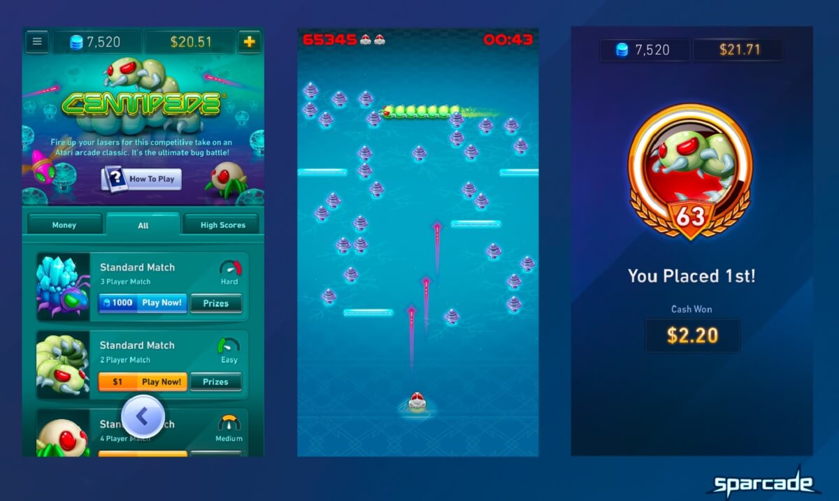 You can play Centipede for money on Sparcade.