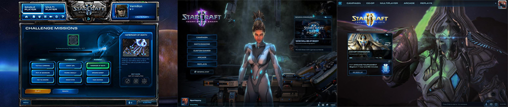 From left to rigth: The menu design for Wings of Liberty, Heart of the Swarm, and Legacy of the Void.