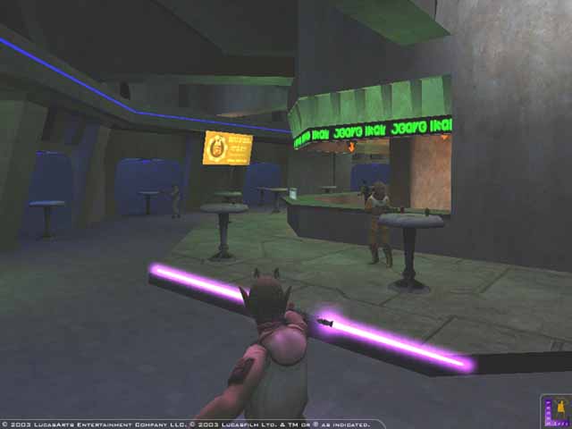 The double-sides lightsaber somehow looks less menacing when it's purple.