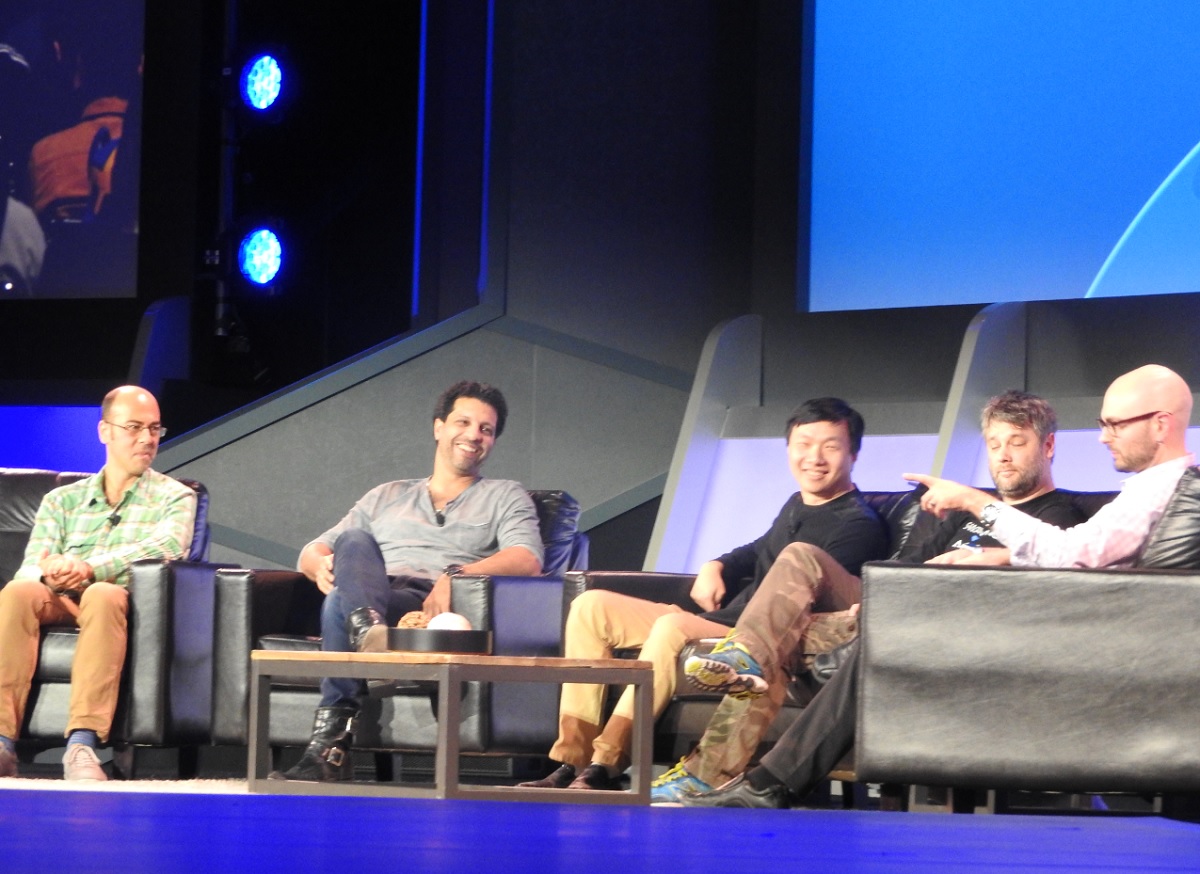 Storytelling panel from left to right: Greg Kasavin of Supergiant Games, Kareem Ettouney of Media Molecule; Jenova Chen of Thatgamecompany, Cory Barlog of Sony, and Ryan Clements of Sony.