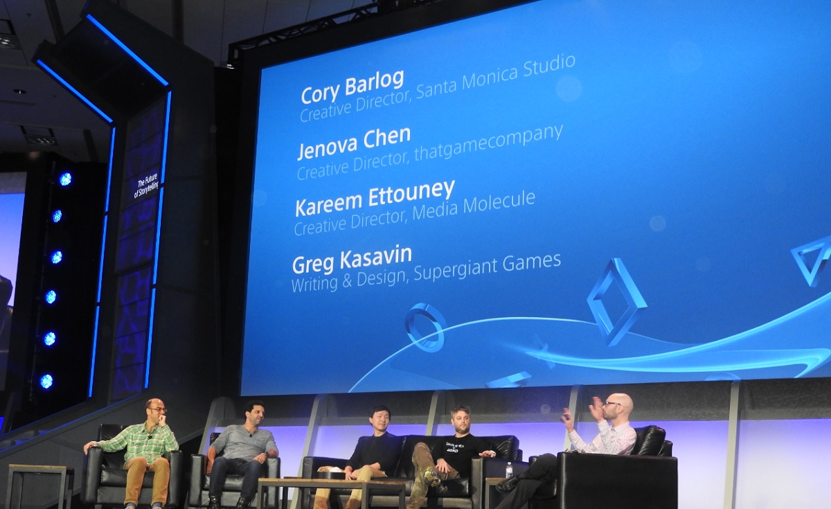Storytelling panel from left to right: Greg Kasavin of Supergiant Games (not pictured), Kareem Ettouney of Media Molecule; Jenova Chen of Thatgamecompany, Cory Barlog of Sony, and Ryan Clements of Sony.