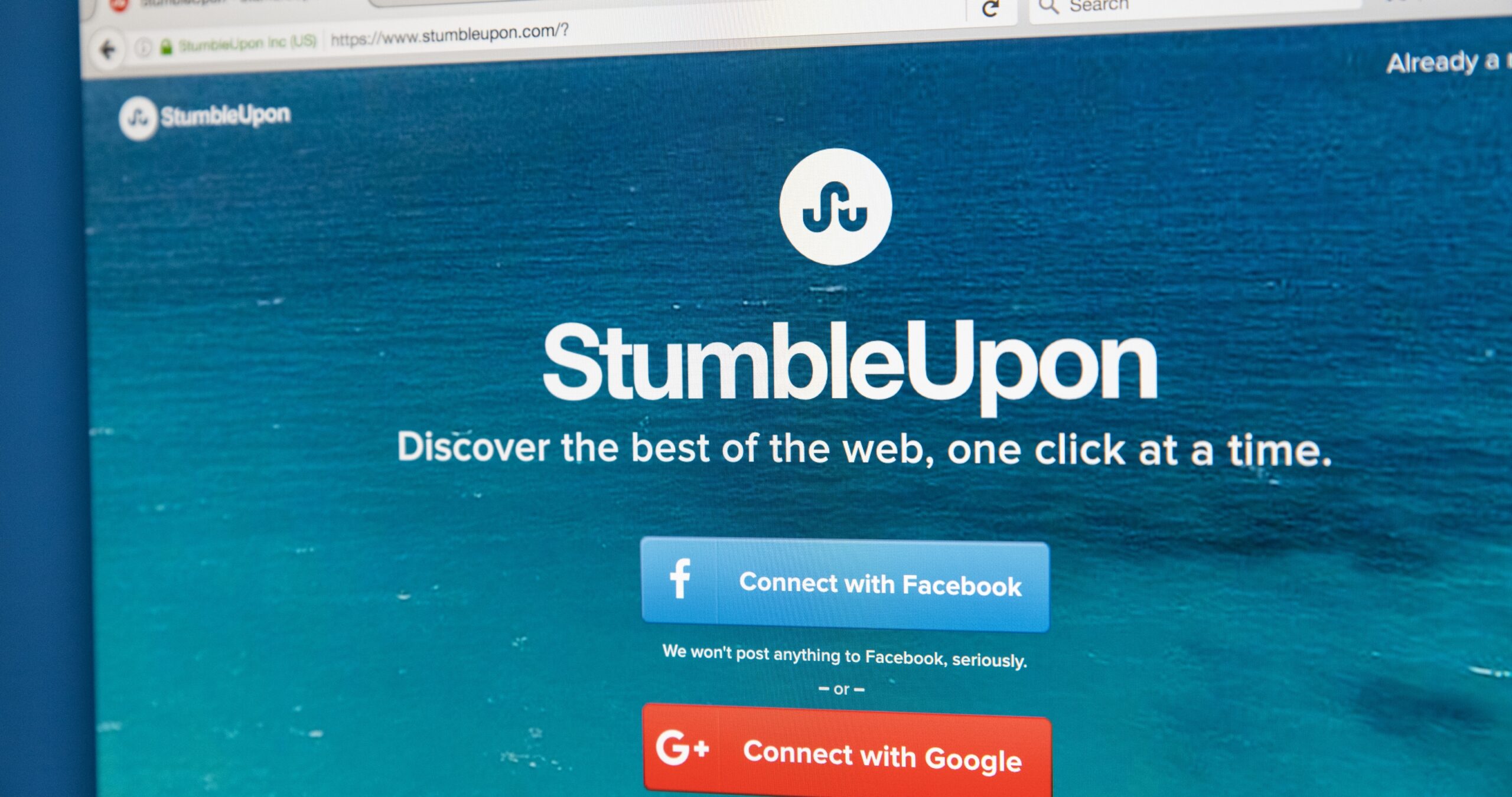 Homepage of the official website for StumbleUpon - a search engine that allows users to discover webpages that are personalised to their interests, on 7th August 2017.