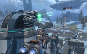 Huge battle arena warzone with glider in foreground Star Wars The Old Republic