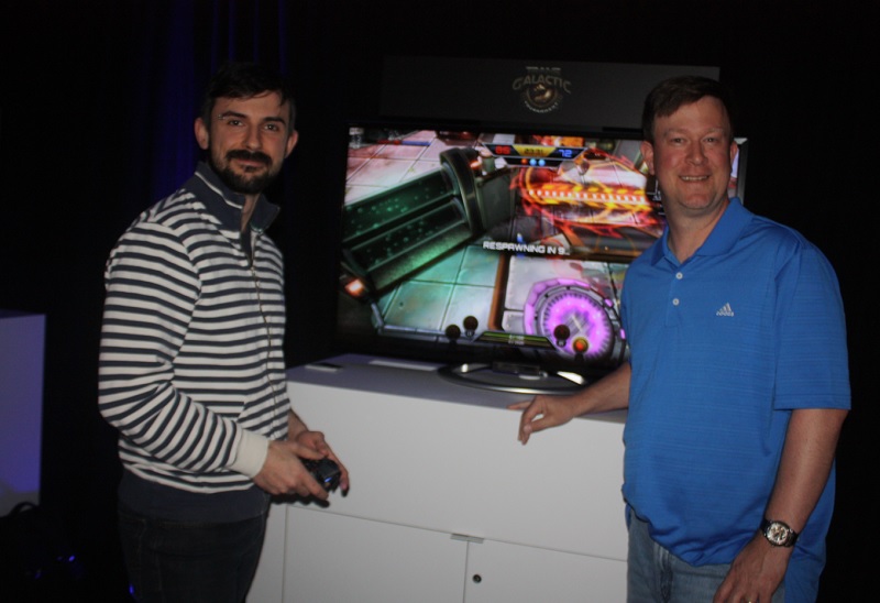 Davide Tabacco (left) of Hibernum Creations and Mark Parrish of Kiz Studios, with their game Trans Galactic Tournament.