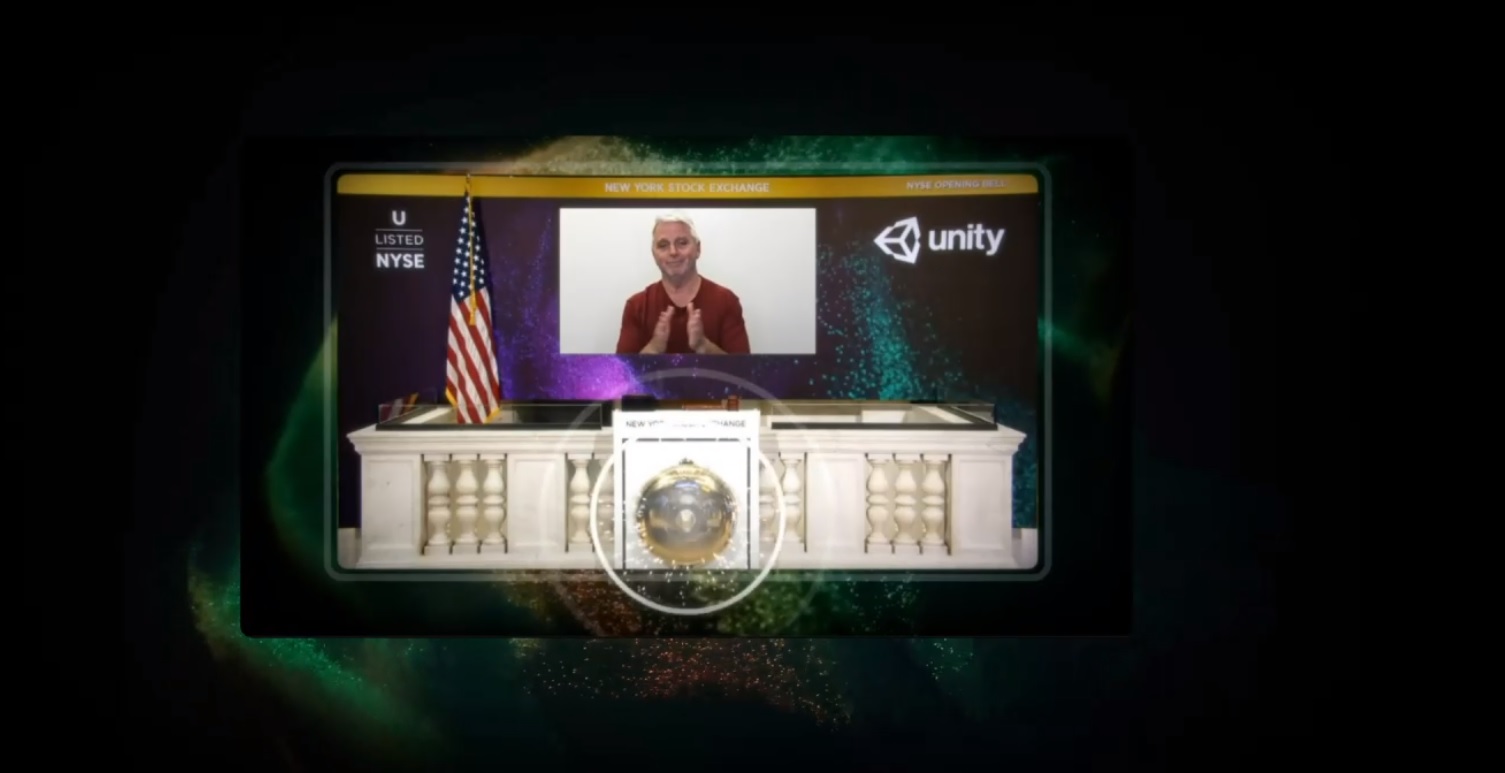 Unity employees and John Riccitiello ring the NYSE opening bell.