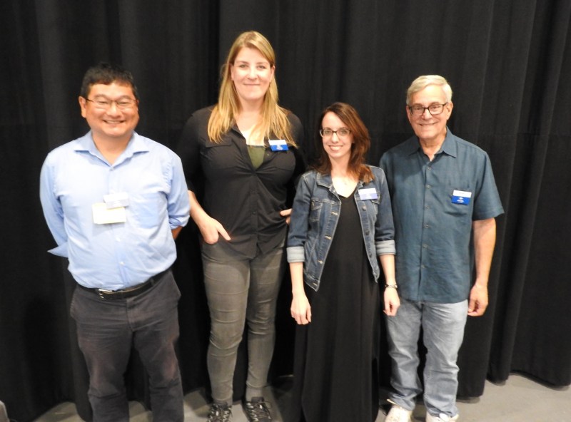 Universal GameDev contest judges (left to right): Dean Takahashi, Kate Edwards, xxx, and Bob Gale.