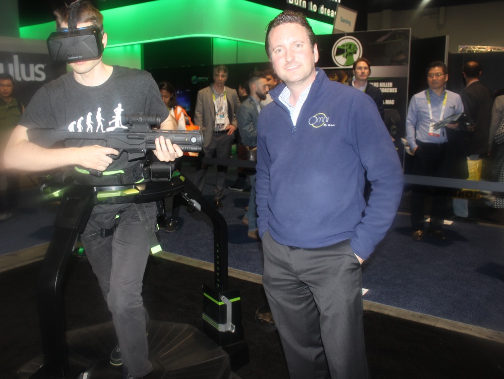 Jan Goetgeluk of Virtuix next to the Omni Treadmill at CES 2015.