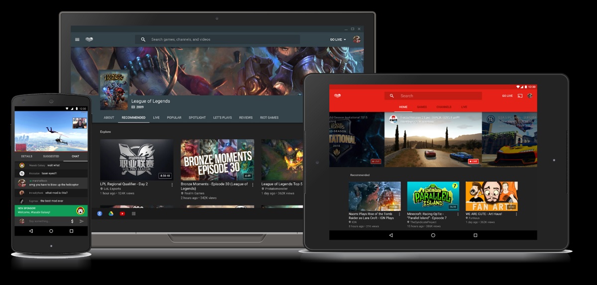 YouTube Gaming is available on multiple screens.