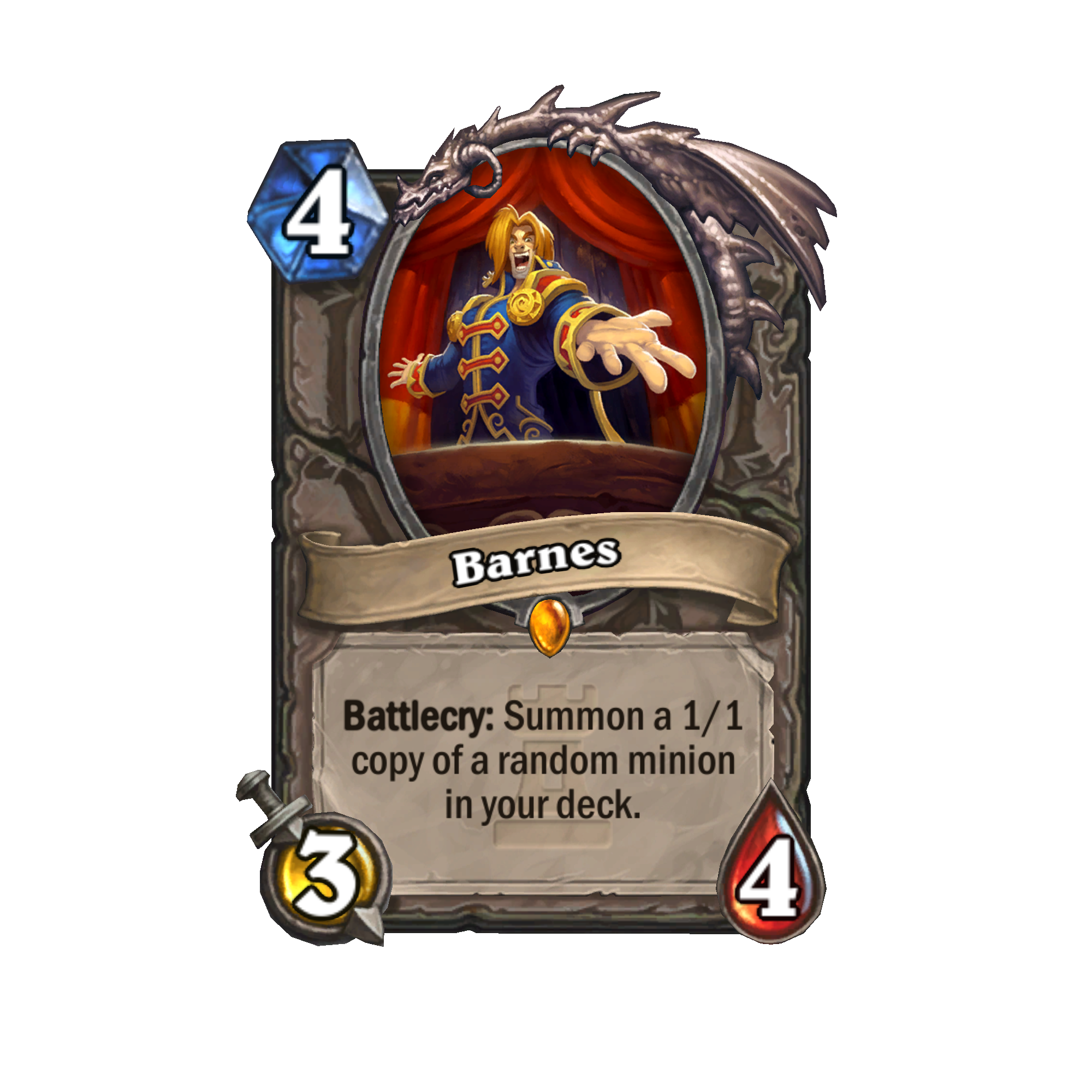 Barnes could be a fun addition in a deck with a lot of strong deathrattle minions. Imagine, if you will, playing this on turn 4, getting a 1/1 Deathwing, Dragonlord that you can play next turn. It could then die and suddenly put Malagos, Ysera, and more onto the battlefield before you even start your sixth turn.