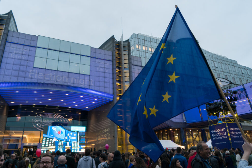 European Union (EU) flags outside of the parliament building