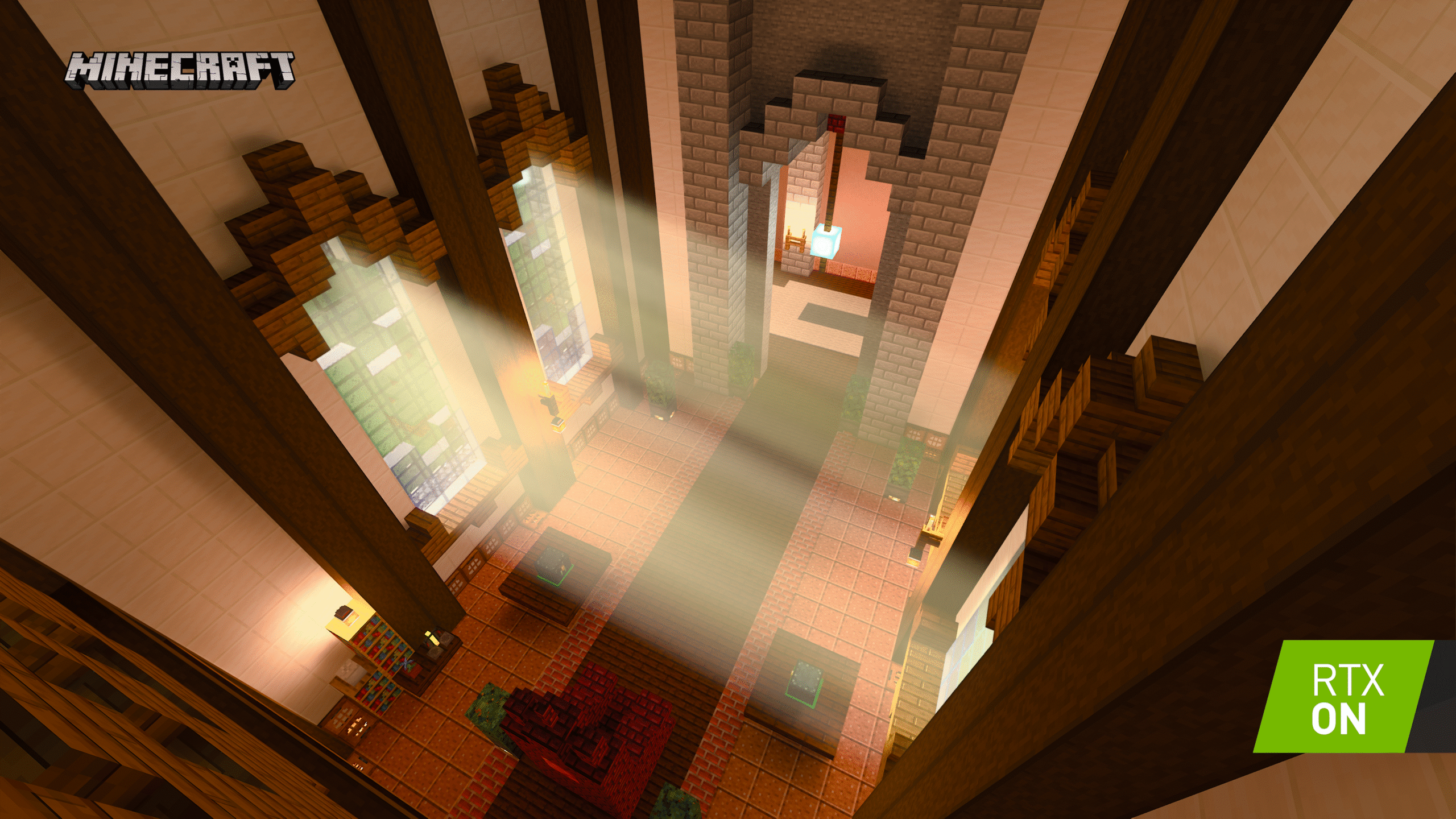 Light beaming through a window in Minecraft with RTX.