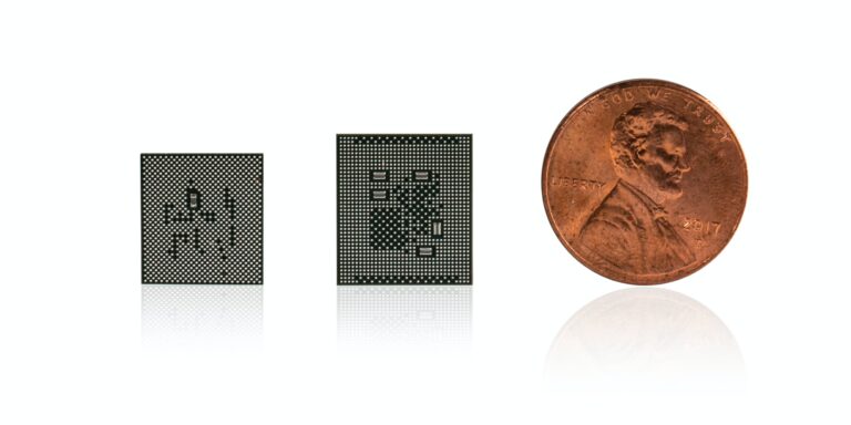Qualcomm's new Snapdragon 765 and 865 processors are shown next to a U.S. penny coin.