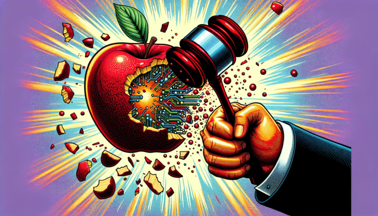 A hand holding a gavel smashes an apple revealing circuits inside against a purple background in a vibrant pop art pointillism image