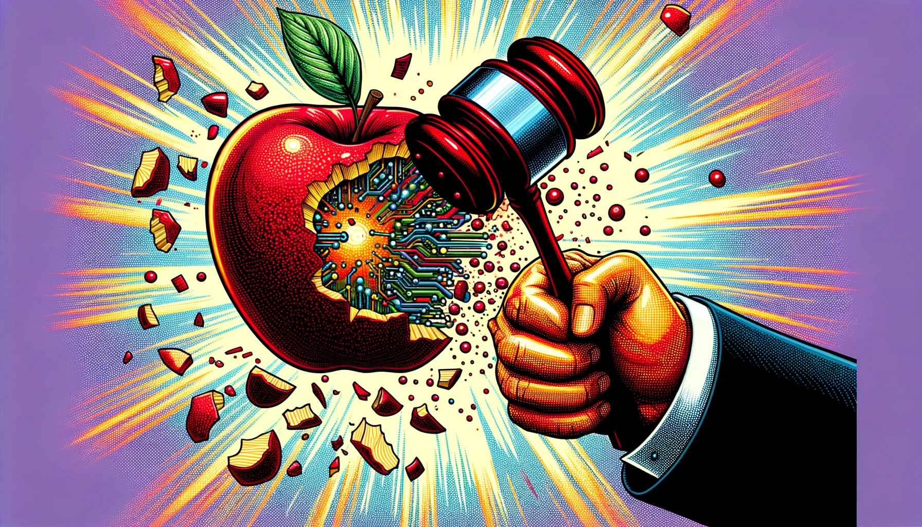 A hand holding a gavel smashes an apple revealing circuits inside against a purple background in a vibrant pop art pointillism image