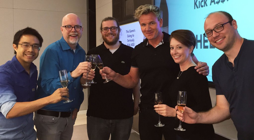 Celebrity chef Gordon Ramsay with Doom designer Tom Hall and the PlayFirst team.