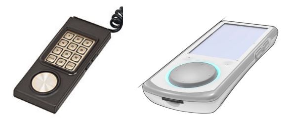 Comparison of the original Mattel Intellivision controller and concept sketch of the new Amico controller