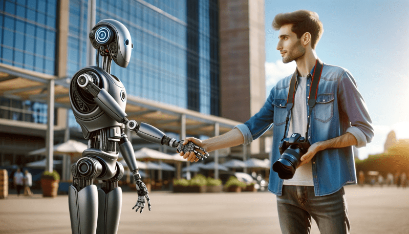A humanoid robot shakes hands with a masculine presenting photographer with dark hair and stubble outside a building.