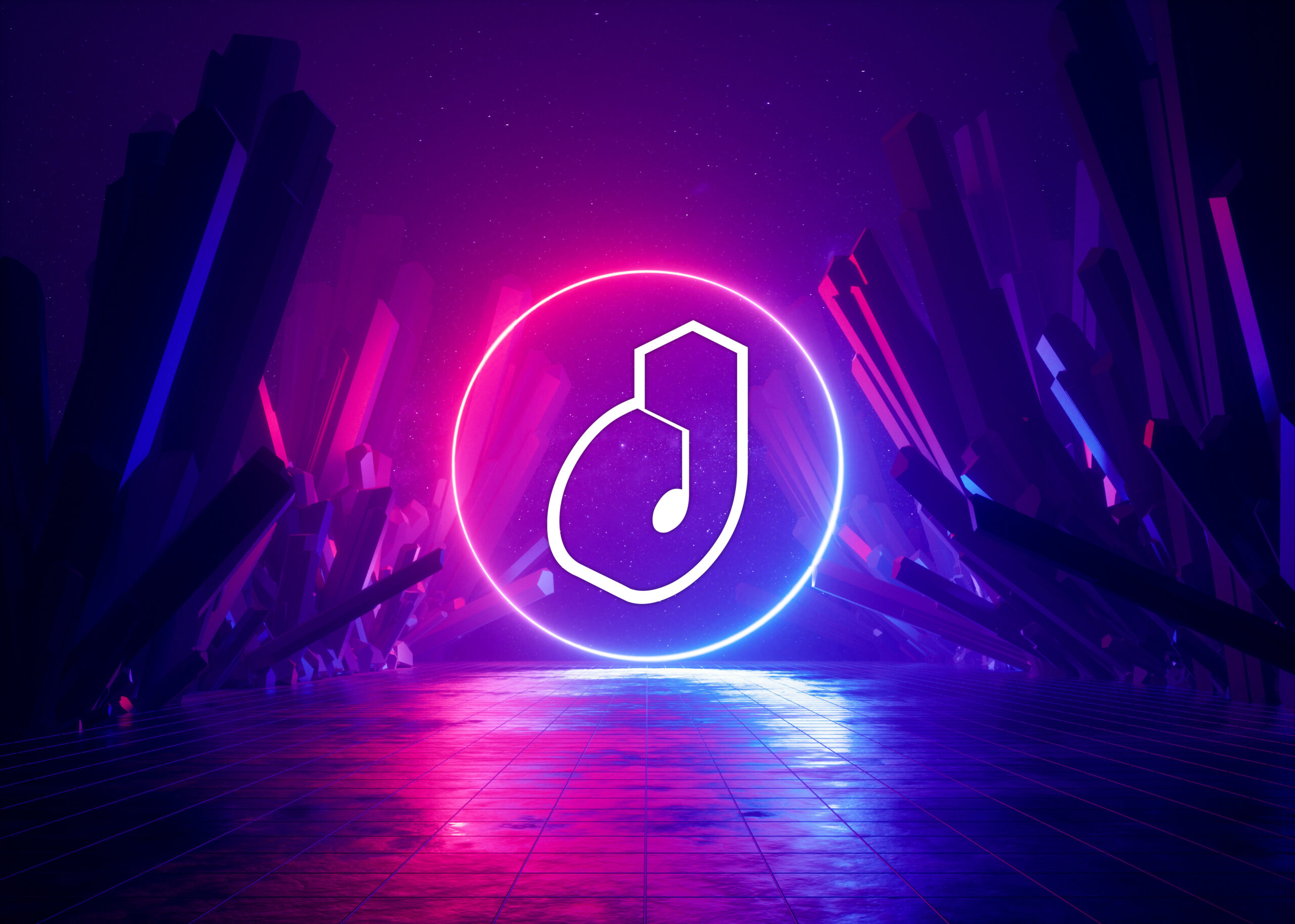 3d render, abstract background, cosmic landscape, round portal, pink blue neon light, virtual reality, energy source, glowing round frame, dark space, ultraviolet spectrum, laser ring, rocks, ground